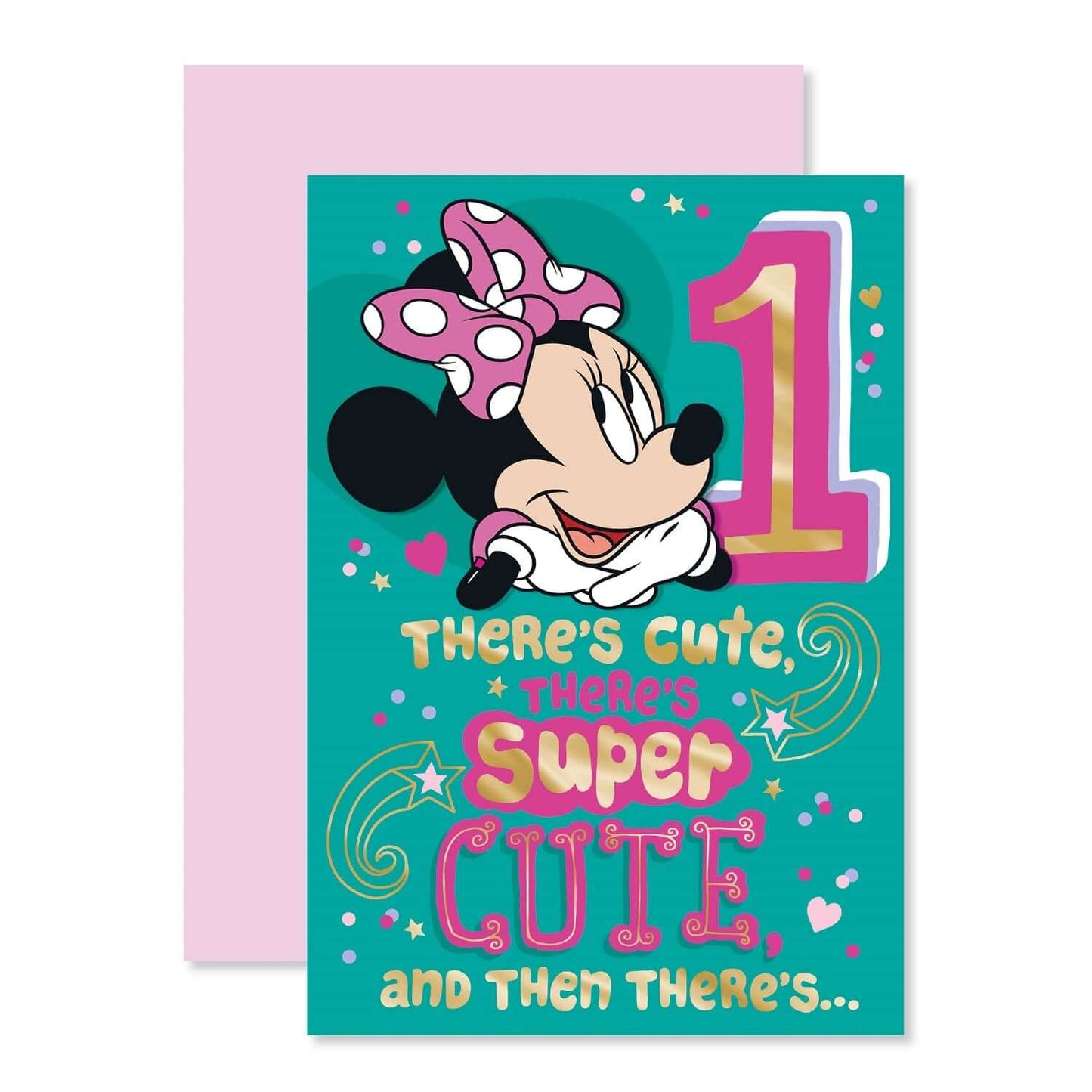 Connections from Hallmark Age 1 Birthday Card - Disney Minnie Mouse with vibrant teal design and gold foil text, close up view.