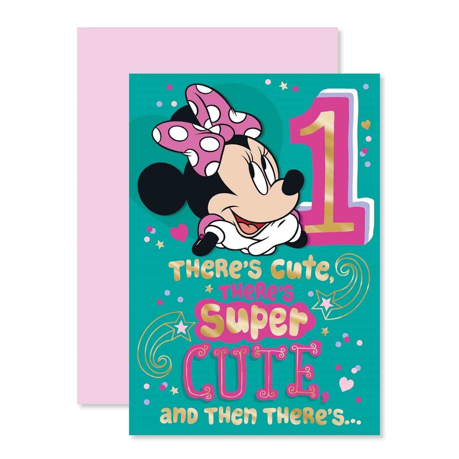 Connections from Hallmark Age 1 Birthday Card - Disney Minnie Mouse with vibrant teal design and gold foil text, close up view.