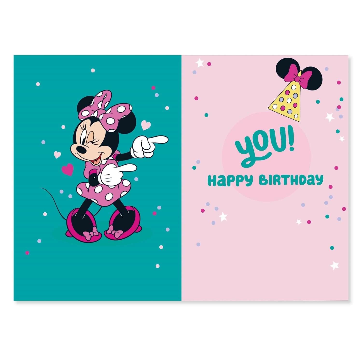 Connections from Hallmark Age 1 Birthday Card - Disney Minnie Mouse, vibrant animation with pink and teal background, inside layout.