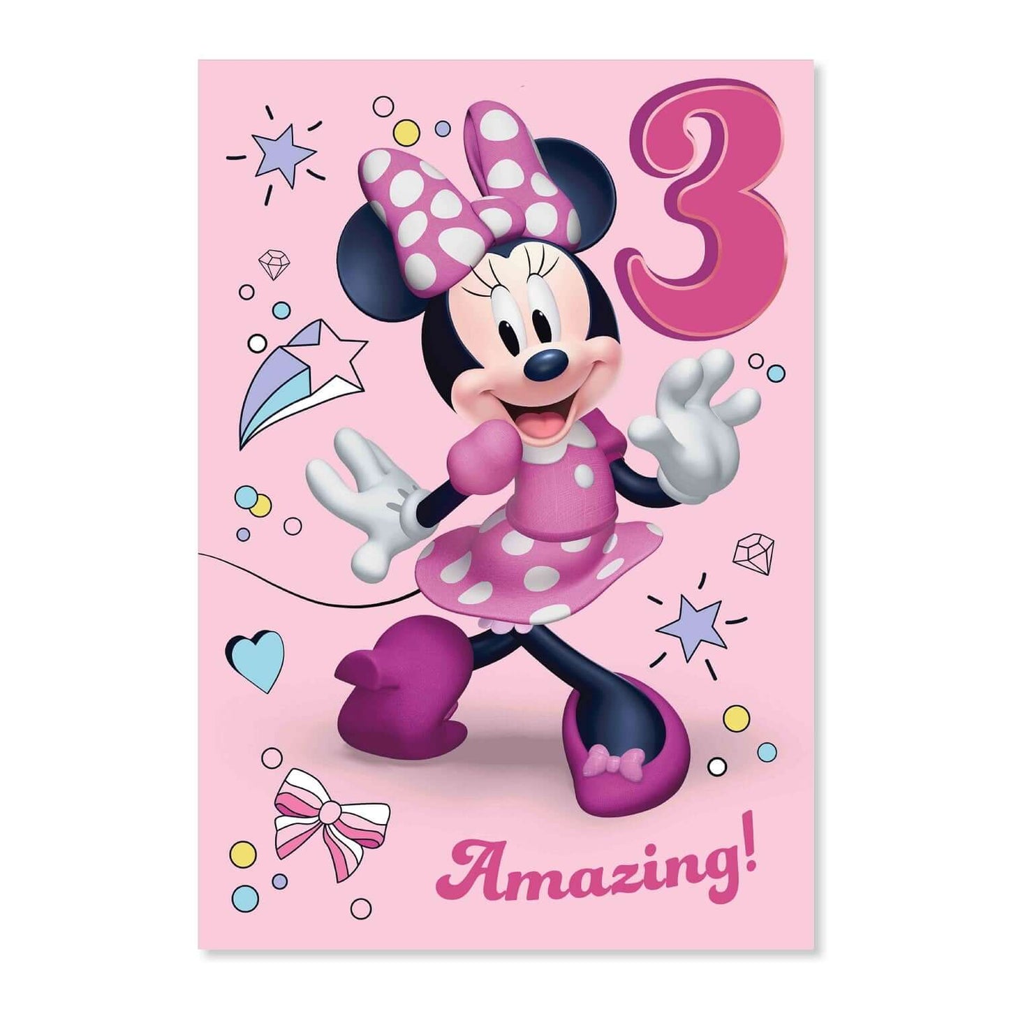 Connections from Hallmark Age 3 Birthday Card - Disney Minnie Mouse in pink with polka dots and the number 3, playful design details.