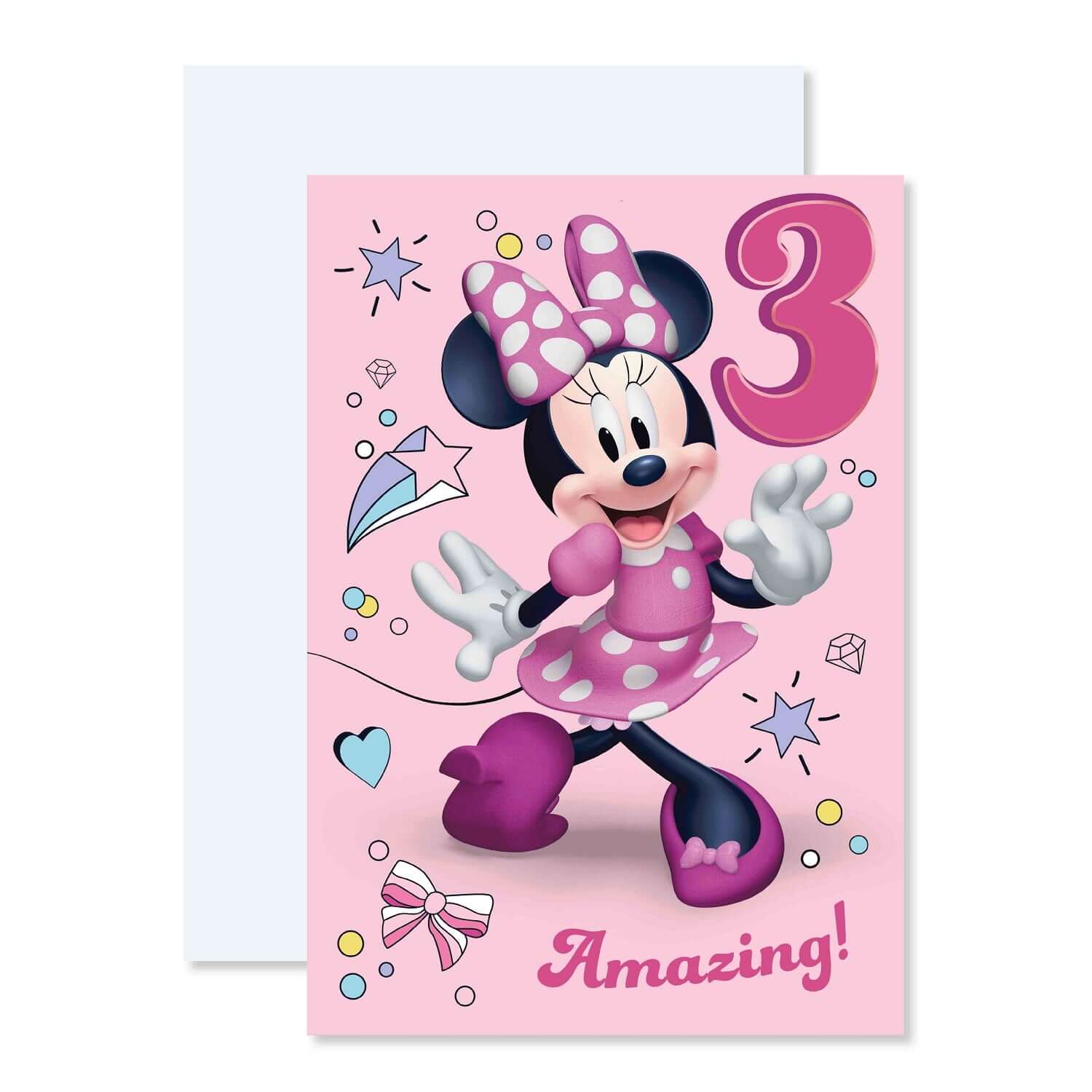 Connections from Hallmark Age 3 Birthday Card - Disney Minnie Mouse with pink design featuring '3. Amazing!' and playful graphics.