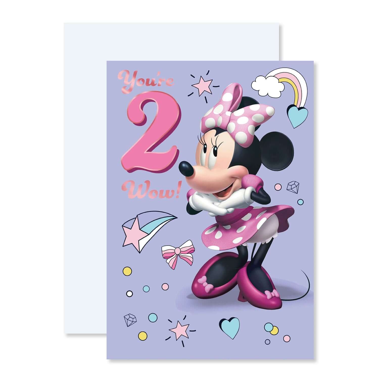 Connections from Hallmark Age 2 Birthday Card - Disney Minnie Mouse featuring vibrant pink details and playful illustrations on a lavender background.
