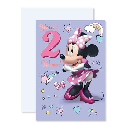 Connections from Hallmark Age 2 Birthday Card - Disney Minnie Mouse featuring vibrant pink details and playful illustrations on a lavender background.