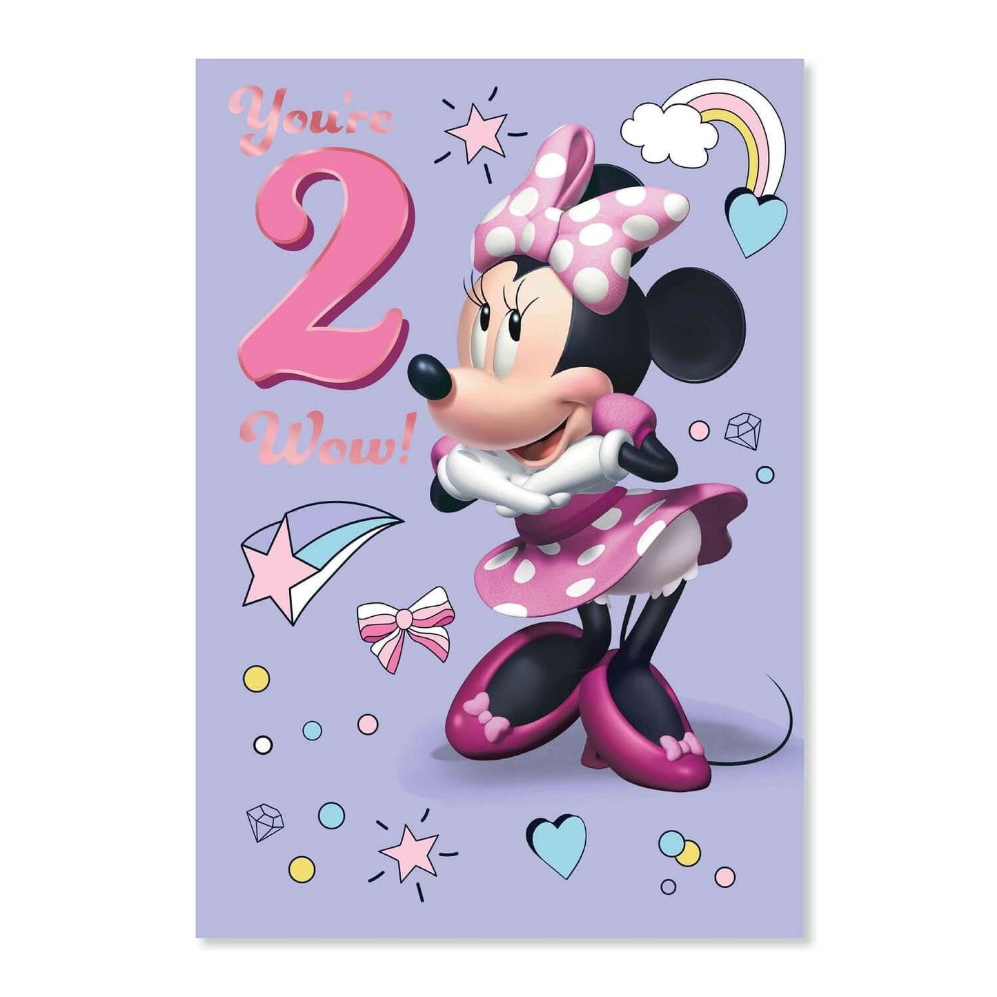 Connections from Hallmark Age 2 Birthday Card - Disney Minnie Mouse features a cheerful Minnie with pink accents on a pastel purple background.