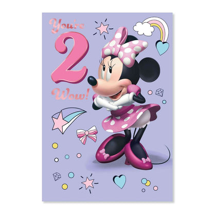 Connections from Hallmark Age 2 Birthday Card - Disney Minnie Mouse features a cheerful Minnie with pink accents on a pastel purple background.