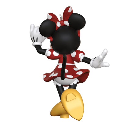 Disney Minnie Mouse, Sunny Chic — 2025 Hallmark Keepsake Christmas Ornament, rear view, striking a pose in red dress with polka dots and bow.