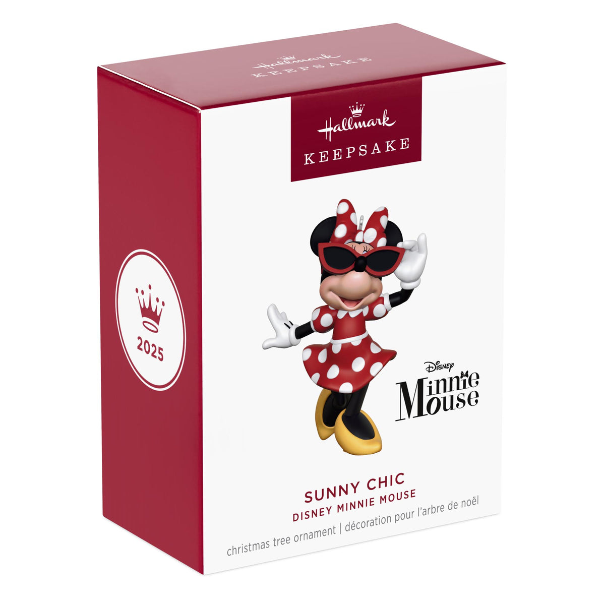 Disney Minnie Mouse, Sunny Chic — 2025 Hallmark Keepsake Christmas Ornament in a bright red gift box featuring stylish design and cheerful colours.