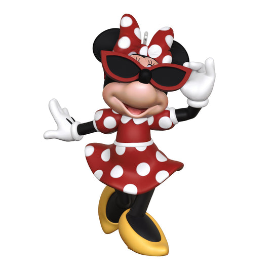 Disney Minnie Mouse, Sunny Chic — 2025 Hallmark Keepsake Christmas Ornament in red polka dot dress with chic sunglasses, cheerful pose.