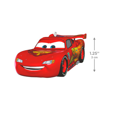 Disney/Pixar Cars 2 15th Anniversary Lightning McQueen, metal, red race car, angled view with dimensions.
