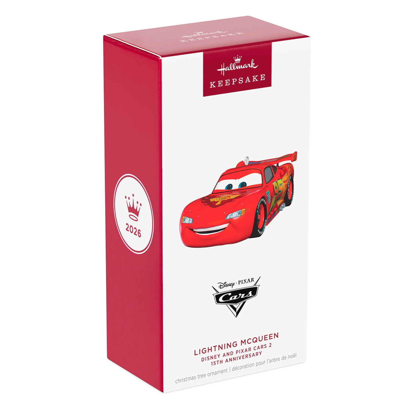 Disney/Pixar Cars 2 15th Anniversary Lightning McQueen, Metal — 2026 Hallmark Keepsake Christmas Ornament packaging box design with vibrant colours and detailed artwork.