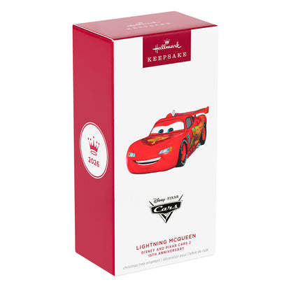 Disney/Pixar Cars 2 15th Anniversary Lightning McQueen, Metal — 2026 Hallmark Keepsake Christmas Ornament packaging box design with vibrant colours and detailed artwork.