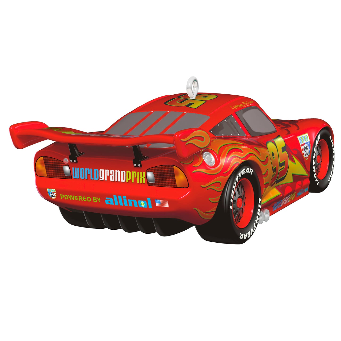Disney/Pixar Cars 2 15th Anniversary Lightning McQueen, metal ornament showing rear detail and vibrant racing decals.