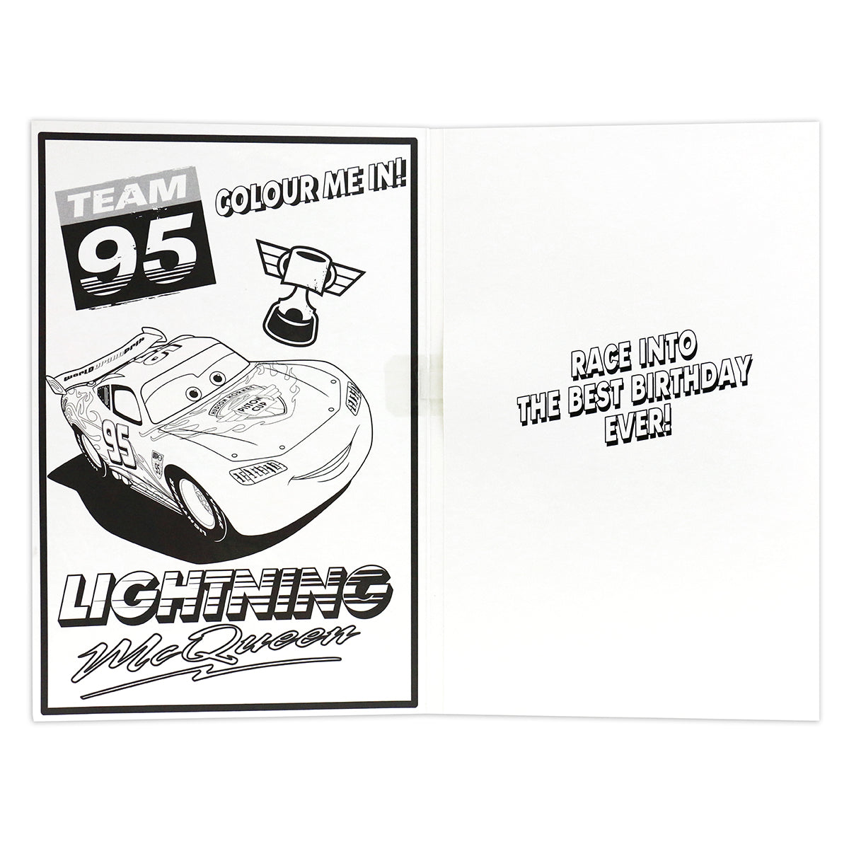 Hallmark Interactive Sound Card - Disney Pixar Cars featuring a black and white colouring page of Lightning McQueen inside, with birthday message.