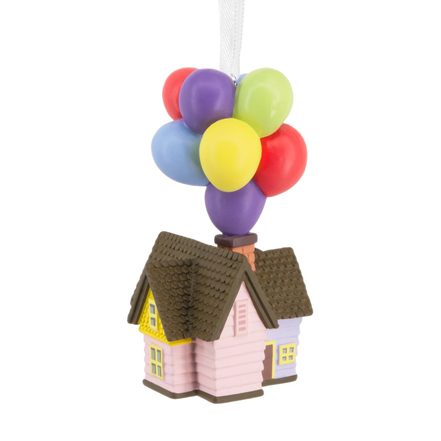 Disney/Pixar Up House - Hallmark Christmas Ornament featuring colourful balloons above a charming pink and purple house in a close-up view.