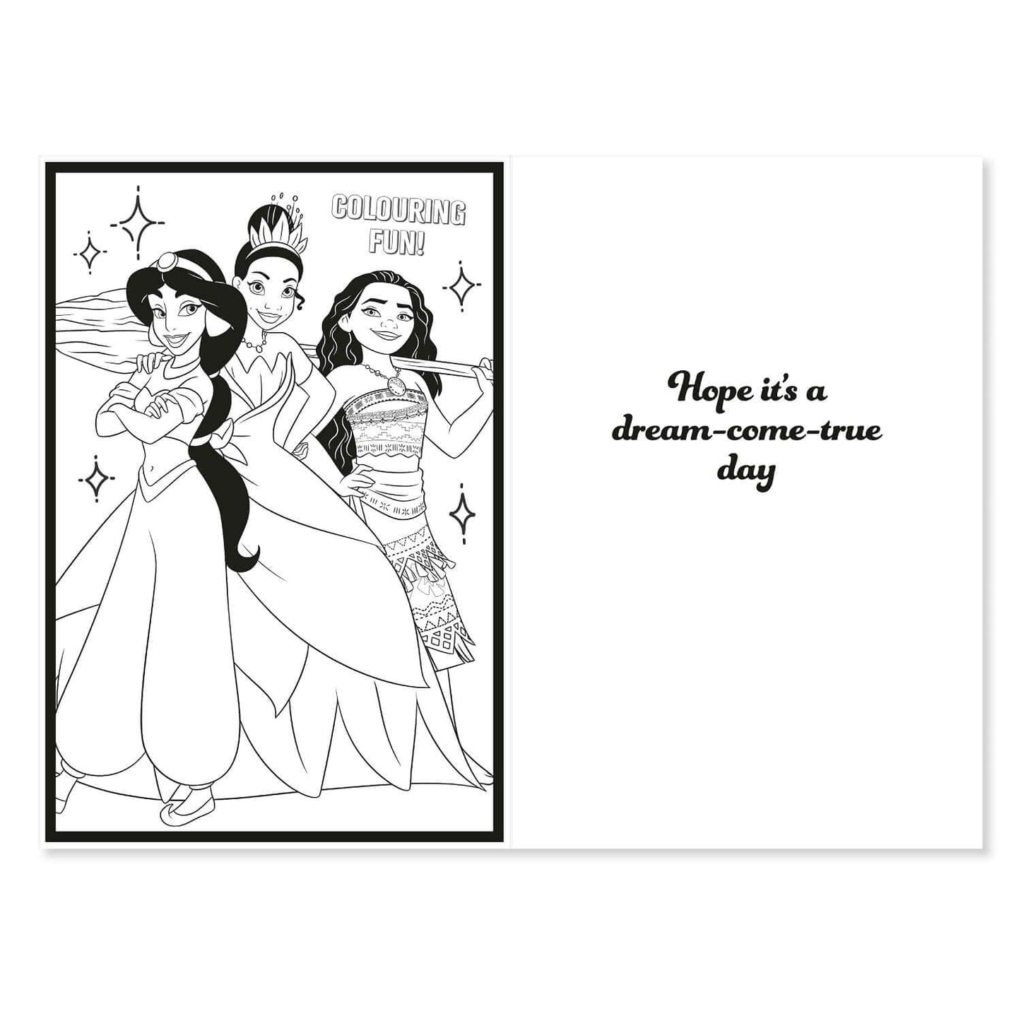 Connections from Hallmark Birthday Card - Disney Princess featuring a black and white colouring activity with three princesses and a birthday message.