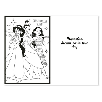 Connections from Hallmark Birthday Card - Disney Princess featuring a black and white colouring activity with three princesses and a birthday message.