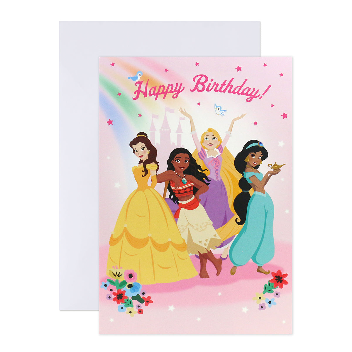 Hallmark Interactive Sound Card - Disney Princess Happy Birthday! features four princesses on a pastel background with 'Happy Birthday!' message.