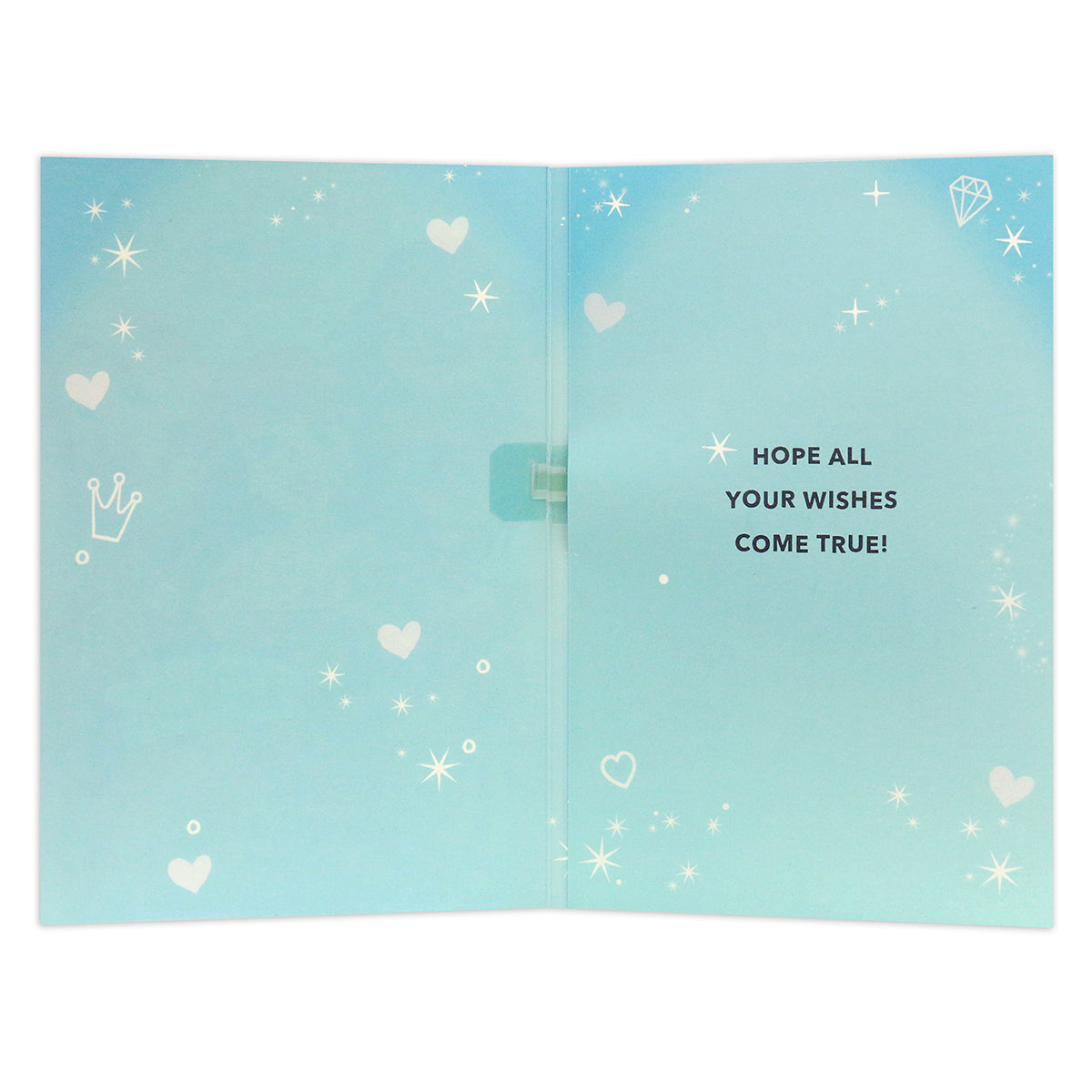 Hallmark Interactive Sound Card - Disney Princess Make A Wish! open view featuring a blue background and birthday message.