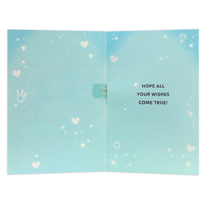 Hallmark Interactive Sound Card - Disney Princess Make A Wish! open view featuring a blue background and birthday message.