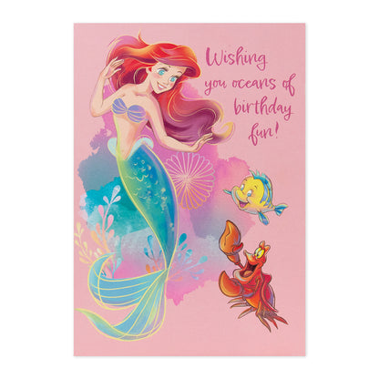 Hallmark Disney Princess Interactive Sound Card - Wishing you oceans of birthday fun! featuring Ariel with Flounder and Sebastian in vibrant colours.