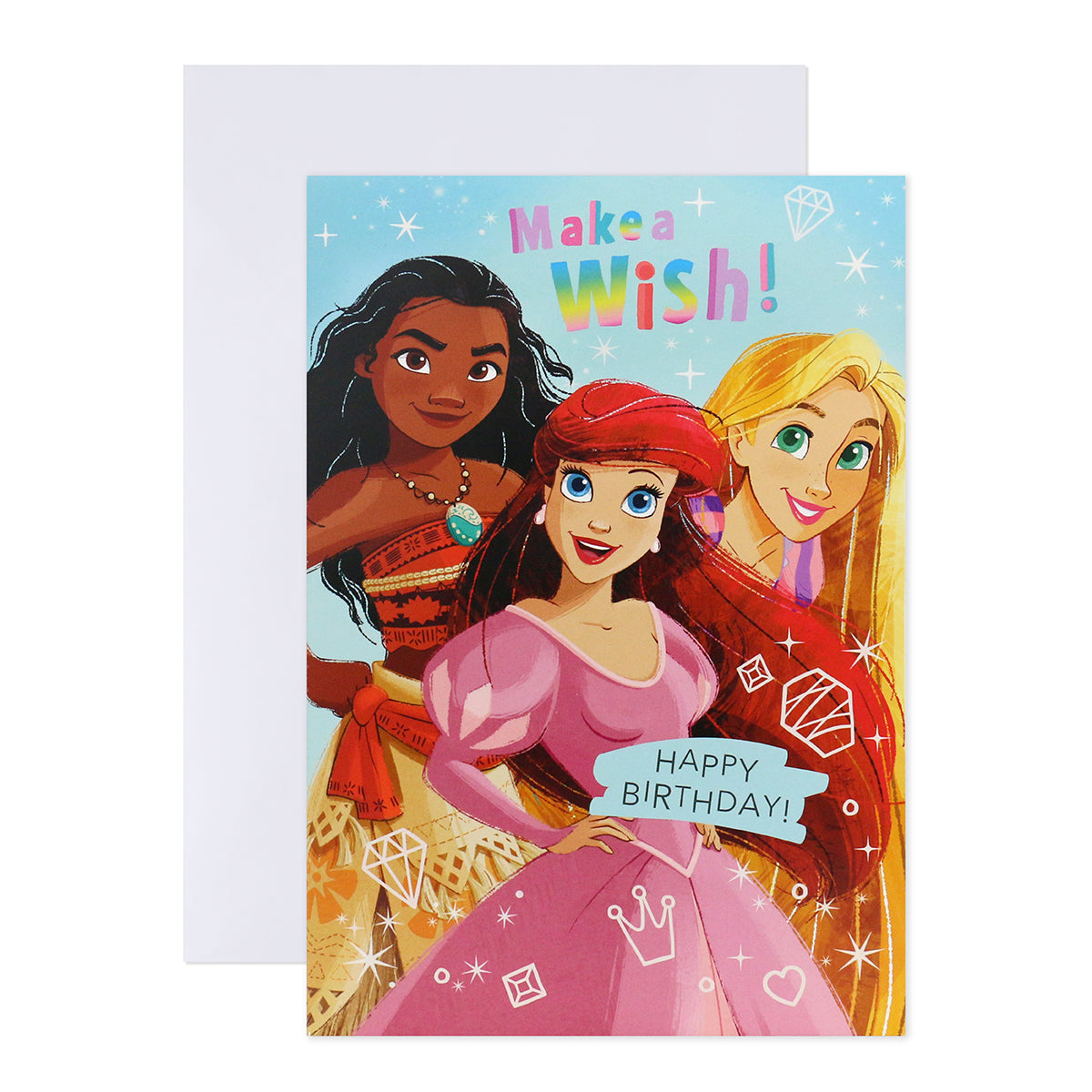 Hallmark Interactive Sound Card - Disney Princess Make A Wish! birthday card featuring Ariel, Moana, and Rapunzel with vibrant colours and glossy finish.