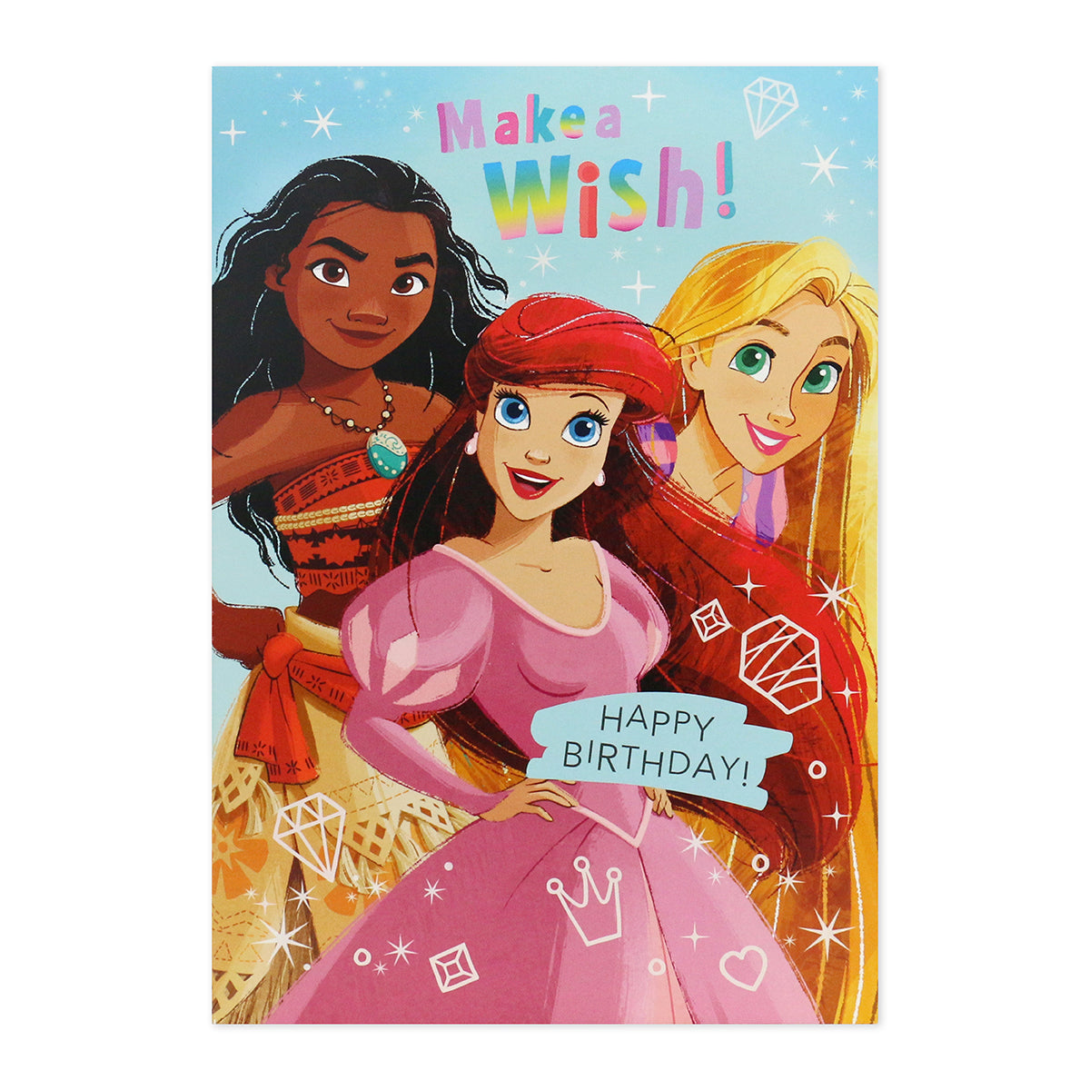 Hallmark Interactive Sound Card - Disney Princess Make A Wish! featuring Moana, Ariel, and Rapunzel with birthday message and sparkle details