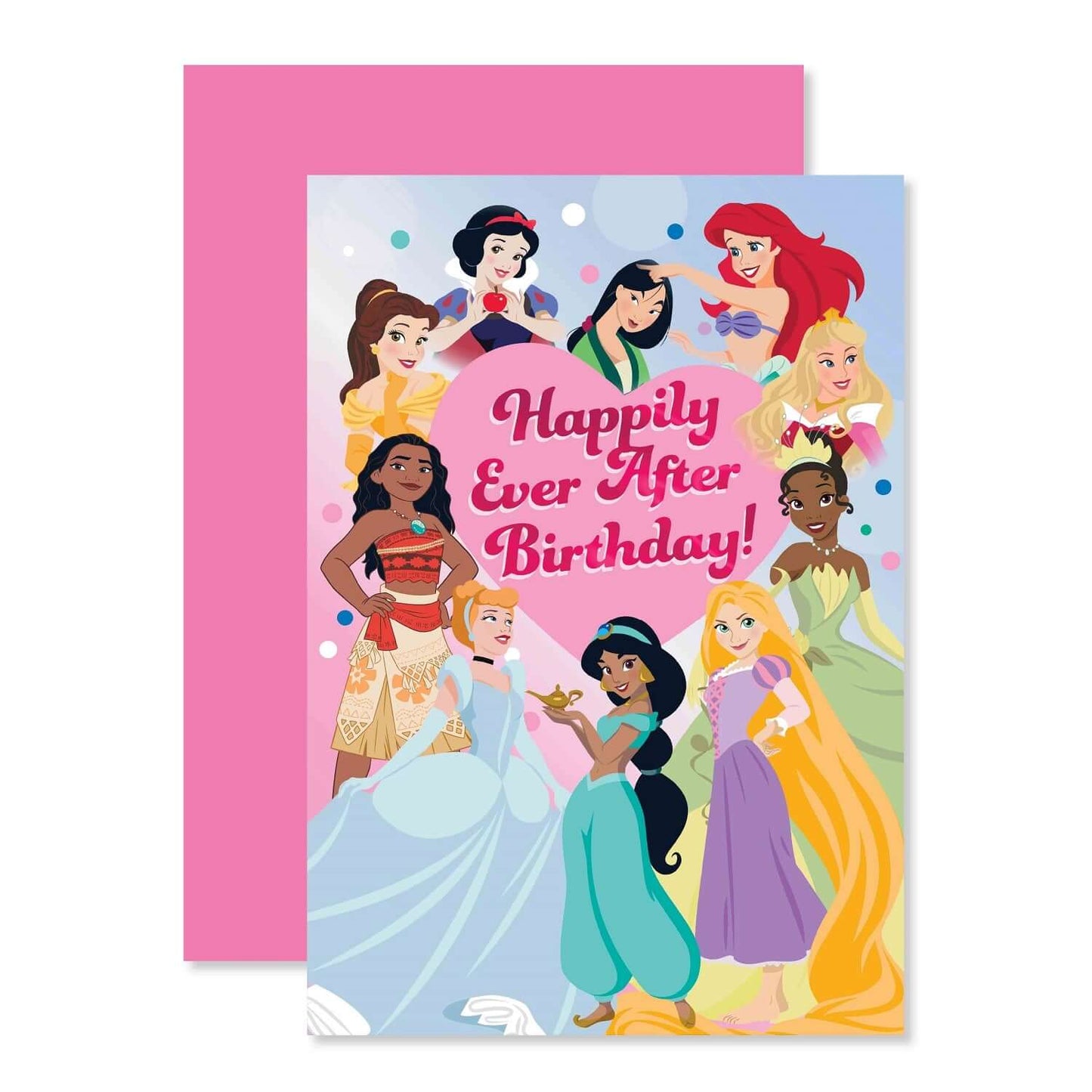 Connections from Hallmark Birthday Card - Disney Princess with pink foil lettering and colourful princess illustrations, flat lay view.