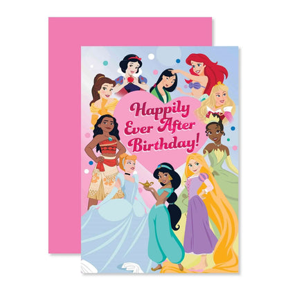 Connections from Hallmark Birthday Card - Disney Princess with pink foil lettering and colourful princess illustrations, flat lay view.