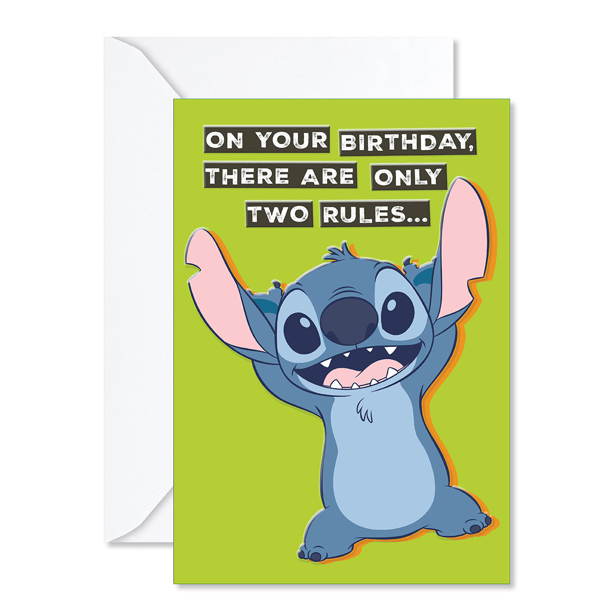 Hallmark Disney Stitch Birthday Greeting Card - Two Rules, colourful design featuring Stitch and birthday message on front, flat lay view.