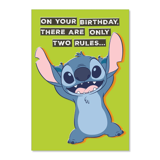 Hallmark Disney Stitch Birthday Greeting Card - Two Rules featuring Stitch celebrating with a vibrant green background and fun text.