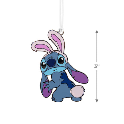 Hallmark Ornament (Disney Stitch Bunny, Metal) featuring Stitch with pink rabbit ears and fluffy tail, 3" tall.