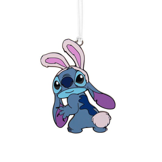 Hallmark Ornament (Disney Stitch Bunny, Metal) featuring Stitch in rabbit ears with a fluffy tail, angled view on white background.