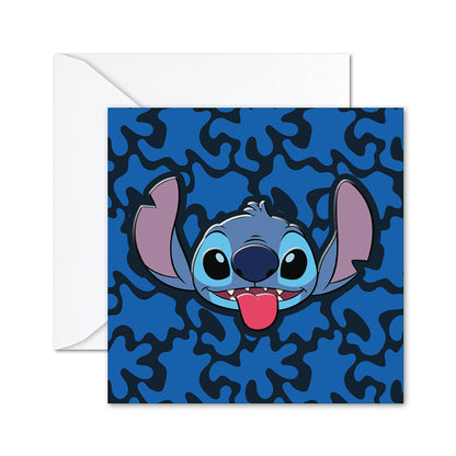 Hallmark Disney Stitch Greeting Card featuring a vibrant blue background with Stitch's smiling face and a white envelope.
