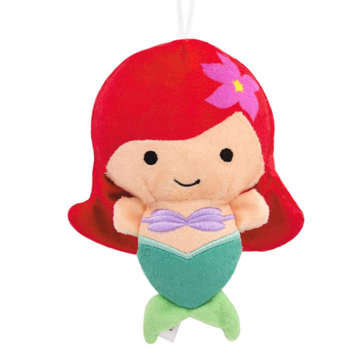 Disney The Little Mermaid Ariel, plush fabric - Hallmark Christmas ornament featuring a cute smiling mermaid with bright red hair and flower detail.