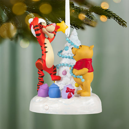 Disney Winnie the Pooh A Tigger-ific Tree Musical With Light — 2026 Hallmark Keepsake Christmas Ornament, Tigger and Pooh decorating a tree with bright colours.