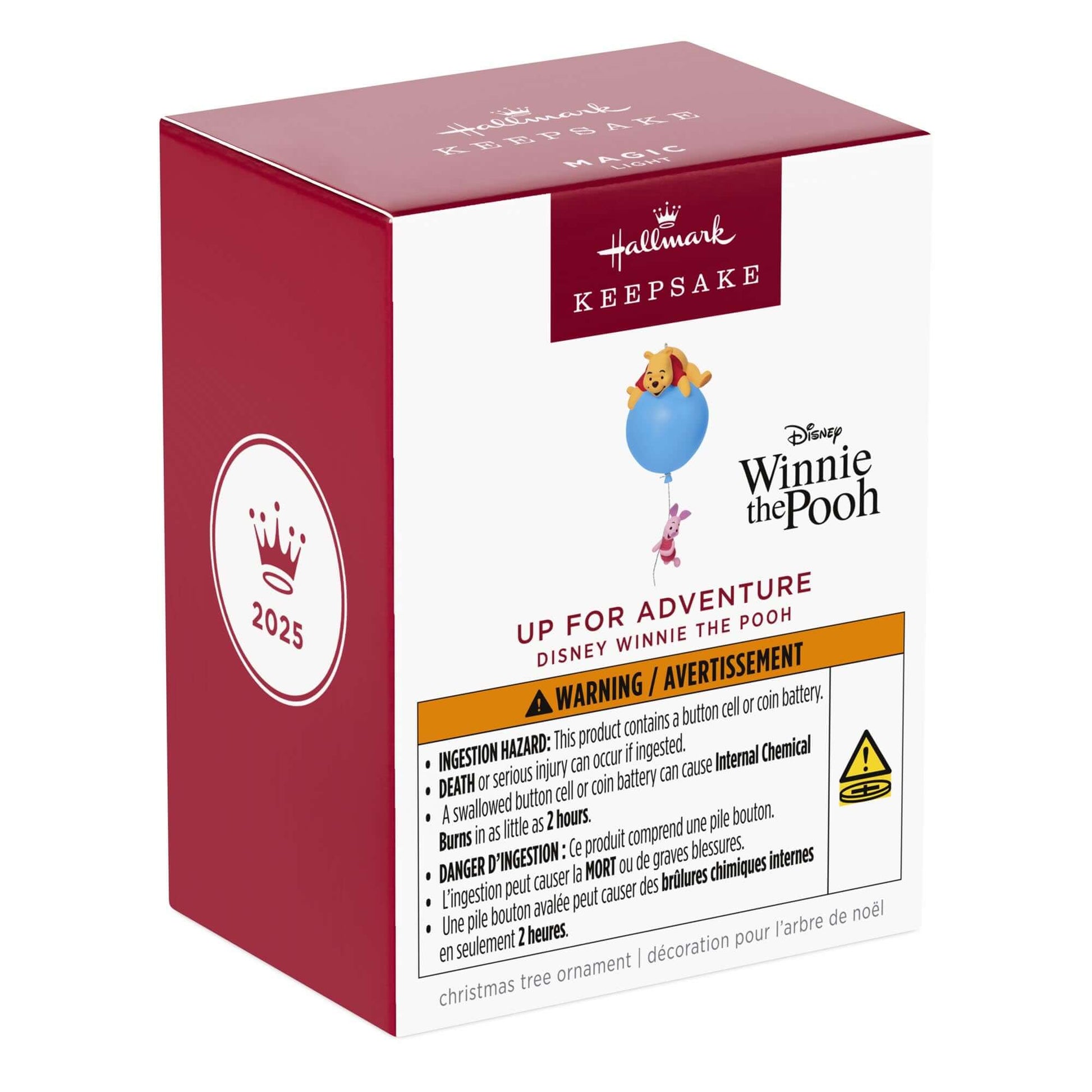 Disney, Winnie the Pooh: Up for Adventure Ornament With Light — 2025 Hallmark Keepsake Christmas Ornament packaging box with safety warnings and features.