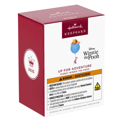 Disney, Winnie the Pooh: Up for Adventure Ornament With Light — 2025 Hallmark Keepsake Christmas Ornament packaging box with safety warnings and features.