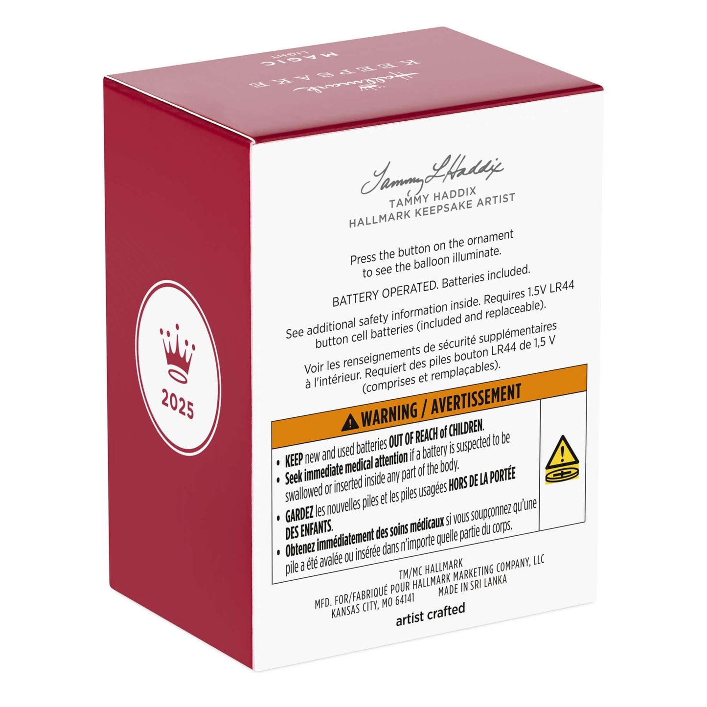 Disney, Winnie the Pooh: Up for Adventure Ornament With Light — 2025 Hallmark Keepsake Christmas Ornament packaging, side view, detailed information on battery operation.