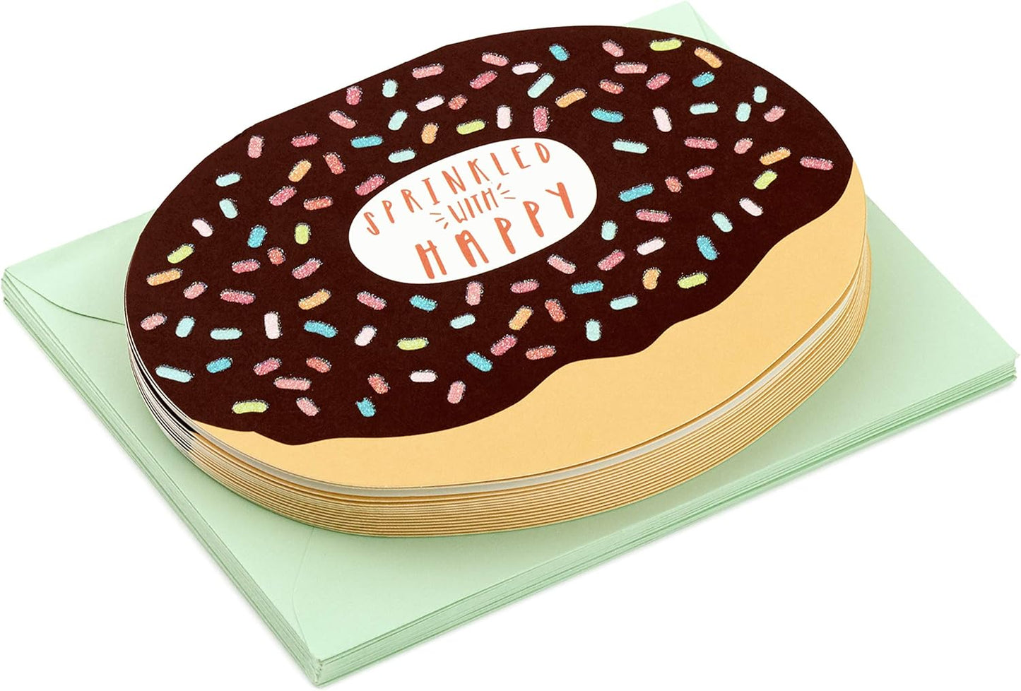 Hallmark Pack of Blank Cards, Donuts (15 Cards with Envelopes) featuring a donut-shaped card in chocolate with colourful sprinkles and matching envelope.