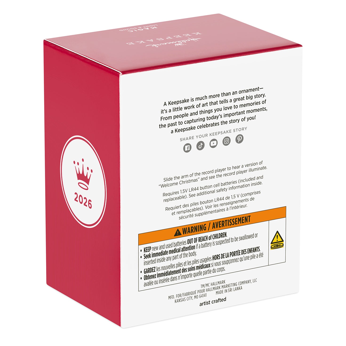 Dr. Seuss's How the Grinch Stole Christmas!™ Welcome Christmas Musical With Light — 2026 Hallmark Keepsake Christmas Ornament packaging showing safety warnings and artist details.