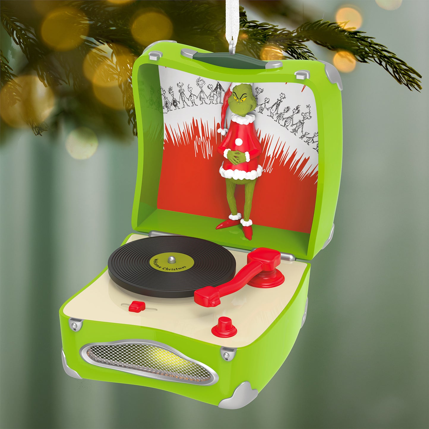 Dr. Seuss's How the Grinch Stole Christmas!™ Welcome Christmas Musical With Light — 2026 Hallmark Keepsake Christmas Ornament, green record player design with Grinch figurine and festive backdrop.