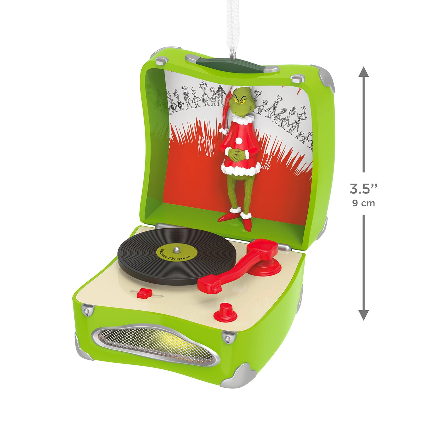 Dr. Seuss's How the Grinch Stole Christmas!™ Welcome Christmas Musical With Light — 2026 Hallmark Keepsake Christmas Ornament, green suitcase design with a vinyl record, 9 cm.