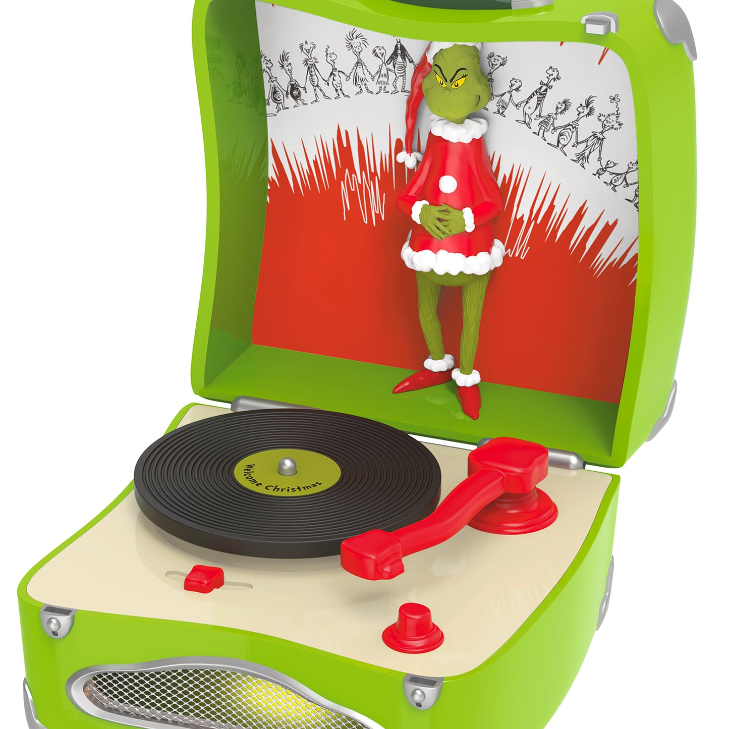 Dr. Seuss's How the Grinch Stole Christmas!™ Welcome Christmas musical with light — 2026 Hallmark Keepsake Christmas Ornament, close-up view of the Grinch figurine inside a green ornament.