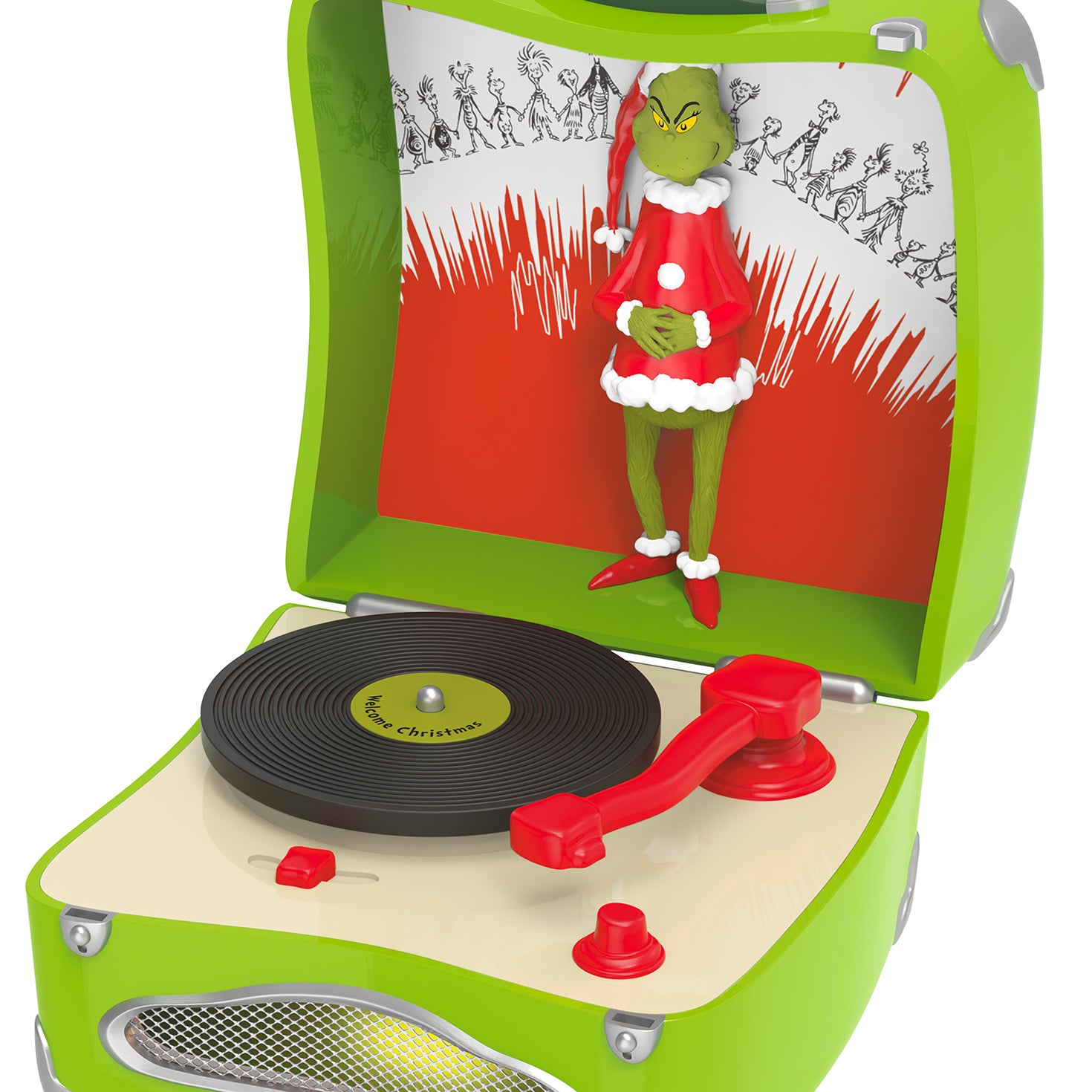 Dr. Seuss's How the Grinch Stole Christmas!™ Welcome Christmas musical with light — 2026 Hallmark Keepsake Christmas Ornament, close-up view of the Grinch figurine inside a green ornament.