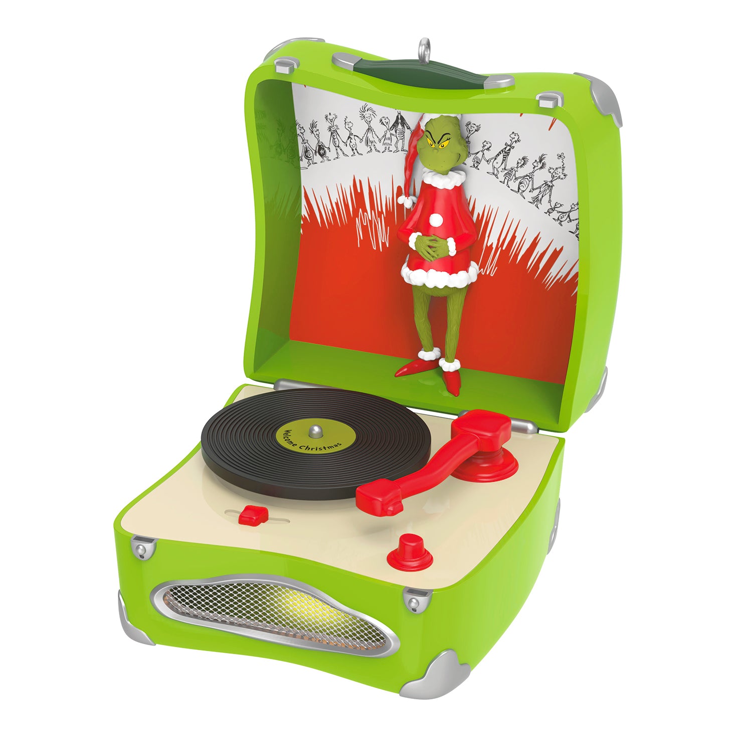 Dr. Seuss's How the Grinch Stole Christmas!™ Welcome Christmas musical with light, green record player ornament featuring Grinch figurine, detailed interior.