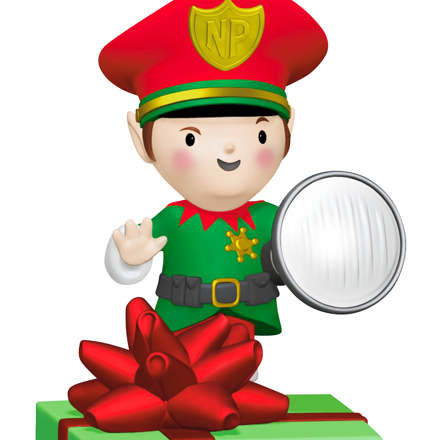 Elf Security Peekbuster With Motion-Activated Sound and Light — 2026 Hallmark Keepsake Christmas Ornament, featuring a cheerful elf holding a flashlight, standing on a gift.