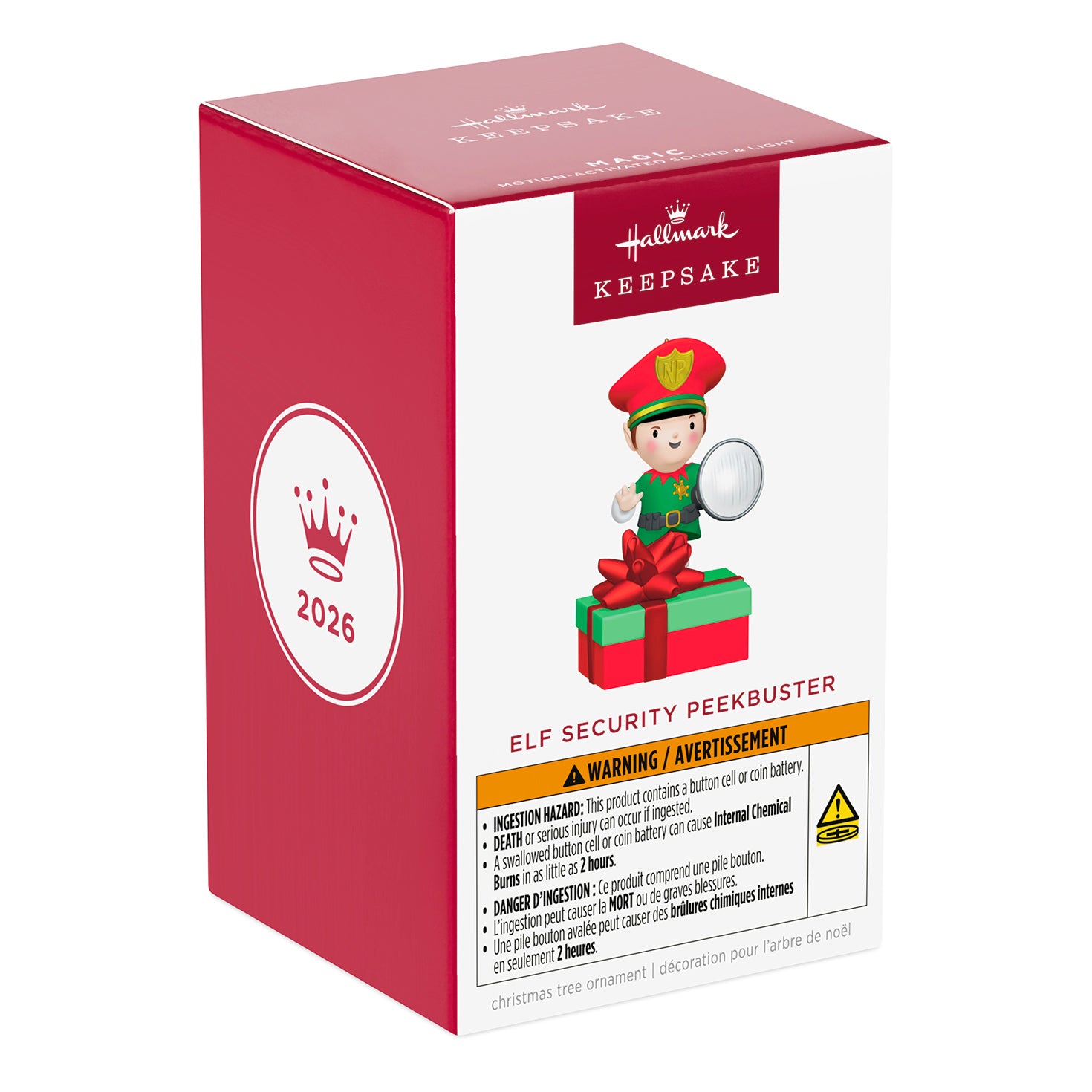 Elf Security Peekbuster With Motion-Activated Sound and Light — 2026 Hallmark Keepsake Christmas Ornament, in colourful packaging, angled view.