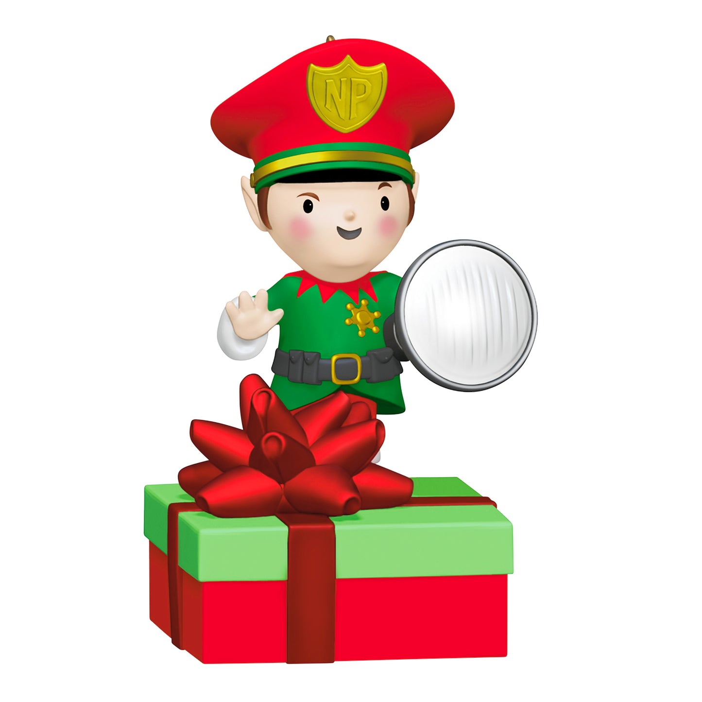 Elf Security Peekbuster With Motion-Activated Sound and Light — 2026 Hallmark Keepsake Christmas Ornament, cartoon character in a festive setting with a flashlight.