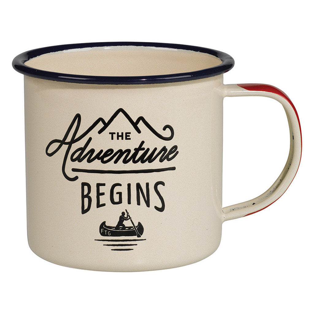 Enamel mug - Adventure Begins cream 11fl.oz/325ml featuring a compass detail and outdoor design.