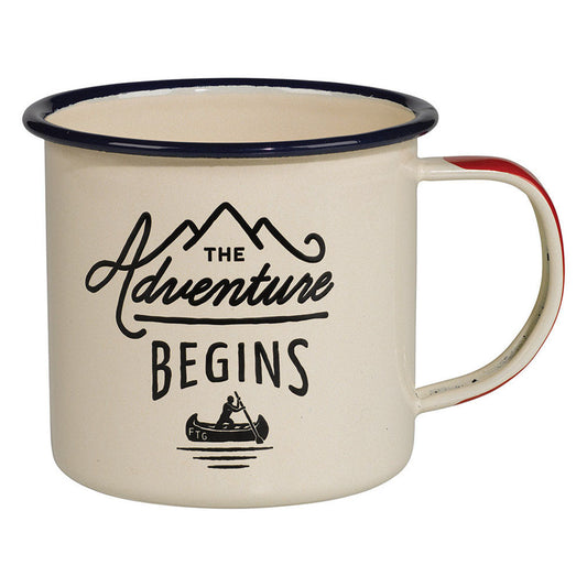 Enamel mug - Adventure Begins cream 11fl.oz/325ml featuring a compass detail and outdoor design.